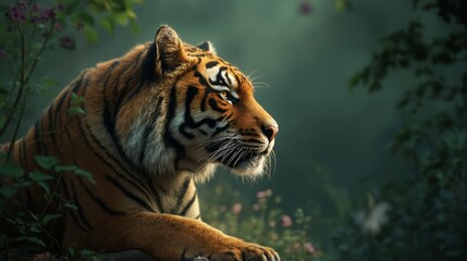 Poster - A tiger laying down in the middle of a forest