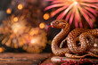 © Duckai - Wooden Snake Figure with Fireworks on Lunar New Year Night Symbolizing 2025 Celebration of Dragon-Inspired Traditional Handcrafted Sculpture