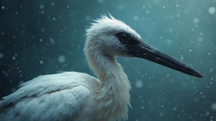 A white bird with a long beak standing in the snow