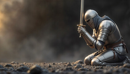 Medieval warrior in iron armor and helmet in a great battle, kneeling with sadness, sorrow, and prayer to God.