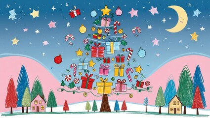 Wall Mural - Christmas cards, New Year's cards, banners: Santa Claus, reindeer, Christmas trees, candles, cookies, chocolate, snowballs, snowmen, and more