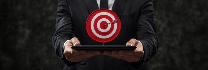 Poster - A business professional in a sharp suit confidently presents a target symbol on a tablet, symbolizing the key aspects of goal setting and strategic planning for effective selfimprovement