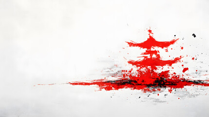 Aufkleber - A minimalist artwork featuring a red pagoda silhouette with splashes of color against a white background, evoking an Asian aesthetic