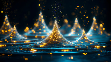 Poster - A mesmerizing scene of sparkling water droplets creating peaks and ripples, illuminated by golden light against a dark backdrop