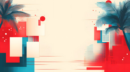 Poster - A vibrant abstract design featuring palm trees, geometric shapes, and a blend of red and blue hues against a light background