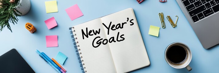 Poster - A workspace scene featuring a notebook open to 'New Year's Goals,' surrounded by colorful sticky notes, writing tools, a laptop, and a cup of coffee, symbolizing productivity and planning.