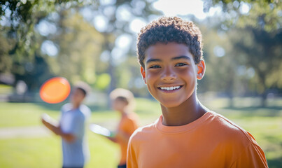 A teenage boy with medium brown skin and a bright smile, playing and tossing a frisbee to his friends at a park on a sunny afternoon.