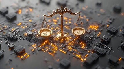 Poster - Golden scales of justice on a circuit board, symbolizing digital law and fairness.