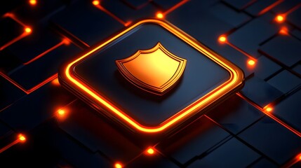 Poster - Golden shield icon on dark tech background, glowing neon orange frame.