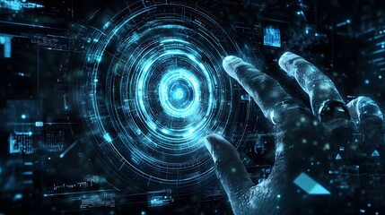 Aufkleber - Hand interacting with futuristic holographic interface.