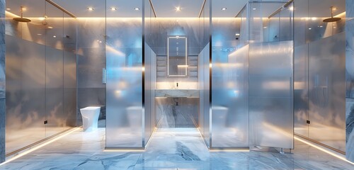 Wall Mural - Innovative washroom with glass partitions and RGB lighting, furnished with elegant tiles and marbles, creating a luxurious atmosphere.