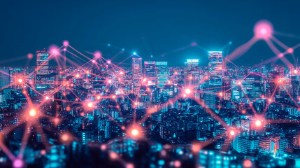 Aufkleber - Vibrant city skyline illuminated with network connections at night showcasing technological advancement