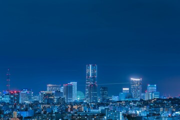 Poster - Yokohama night skyline with skyscrapers.