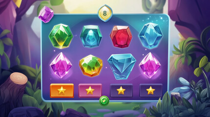 Poster - Diamond game menu, gamer ui panel with buttons, pink cartoon crystal interface with gui elements. Best players, rate us, share and connect boards with user profiles, rating stars isolated vector set