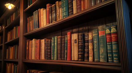 Poster - Collection of classic books on wooden shelves in a cozy library setting during evening hours