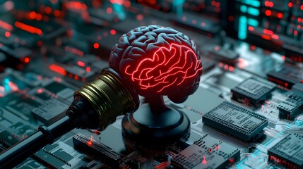 Poster - Illuminated brain model connected to circuit board, representing artificial intelligence and neural networks.