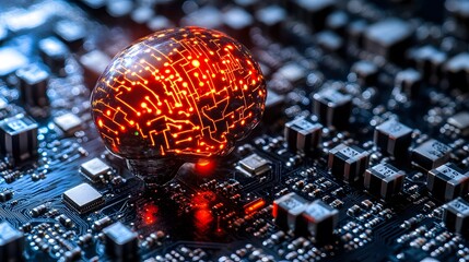 Poster - illuminated brain model on circuit board, representing ai and neural networks.