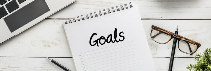 Poster - A wellorganized notepad marked Goals sits on a modern workspace with a laptop, stylish glasses, and a professional pen, symbolizing effective planning and selfimprovement in life and career