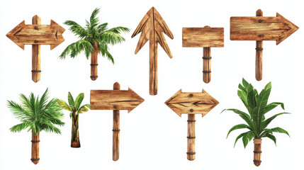 Poster - Wood pointer bamboo game ui frame vector. Direction arrow sign board on stick set. Isolated tropical jungle beach information panel for menu interface. Blank guidepost button icon gui collection
