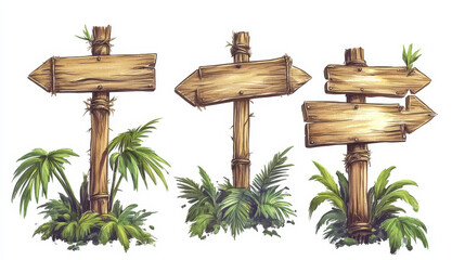 Poster - Wood pointer bamboo game ui frame vector. Direction arrow sign board on stick set. Isolated tropical jungle beach information panel for menu interface. Blank guidepost button icon gui collection