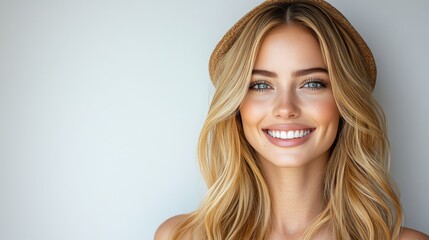 A woman with a straw hat is smiling at the camera in the beach