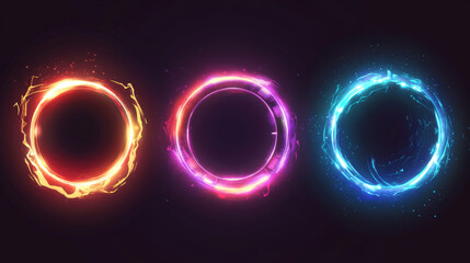 Poster - Magic portals, blue light hologram effect, futuristic energy vortex elements. Ski-fi digital hi-tech round frames, in HUD technology style. Teleport, glow gui, ui virtual reality projector, Vector set