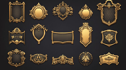 Poster - Medieval buttons, ui game menu elements, gold oblong banners with decorated ornate rims. Empty royal gui bars for rpg or arcade, golden borders, web design interface Cartoon 2d vector illustration set