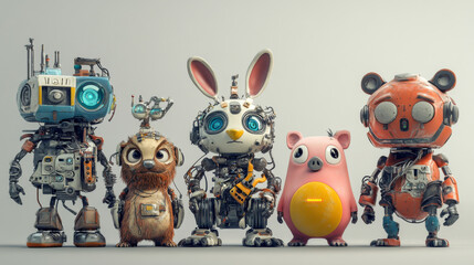 Poster - Robots animals robotics mechanical monsters. Cyborgs pets hare, beaver, owl, boar and bear. Cartoon artificial intelligence mechanical and electronic characters, machine personages isolated vector set