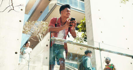 Aufkleber - Man, student and phone on stairs at college, smile and thinking with class schedule with low angle. Person, smartphone and happy with mobile app on steps, texting and social network at university