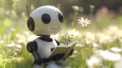 Poster - Cute robot cartoon character set - standing with smiling face, waving hand, reading and holding chamomile flower. Vector childish artificial intelligence toy or mechanical android assistant.