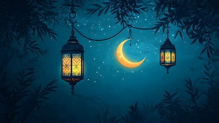 Illuminated lanterns hanging from branches under crescent moon and starry night sky.