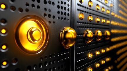 Poster - Illuminated metallic panel with glowing buttons and circular elements.
