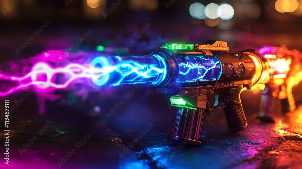 Ilustración de Stock Space guns vfx effect, laser blasters with plasmic ...