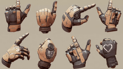 Poster - Stylized robotic hands with different gestures. Various poses and positions - doing thumbs up and heart shape, pointing with index finger and writing with pencil, offering arm to help and showing fist