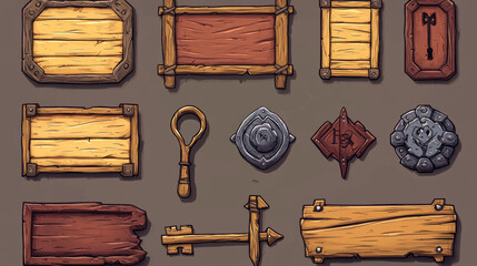 Poster - Wooden game tablets, buttons, cartoon menu interface wood keys. Textured boards, frames, ui or gui graphic design elements, arrows, planks and plaques user panel for rpg, isolated icons, 2d vector set
