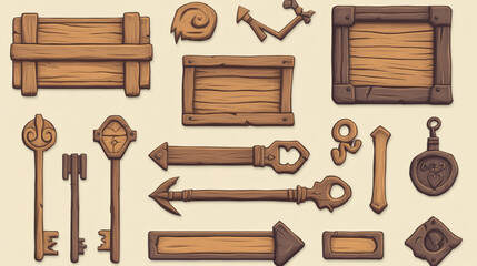 Poster - Wooden game tablets, buttons, cartoon menu interface wood keys. Textured boards, frames, ui or gui graphic design elements, arrows, planks and plaques user panel for rpg, isolated icons, 2d vector set