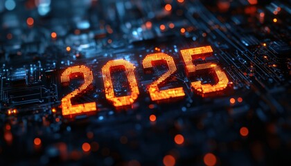Poster - Illuminated Year Two Thousand Twenty Five On Circuit Board