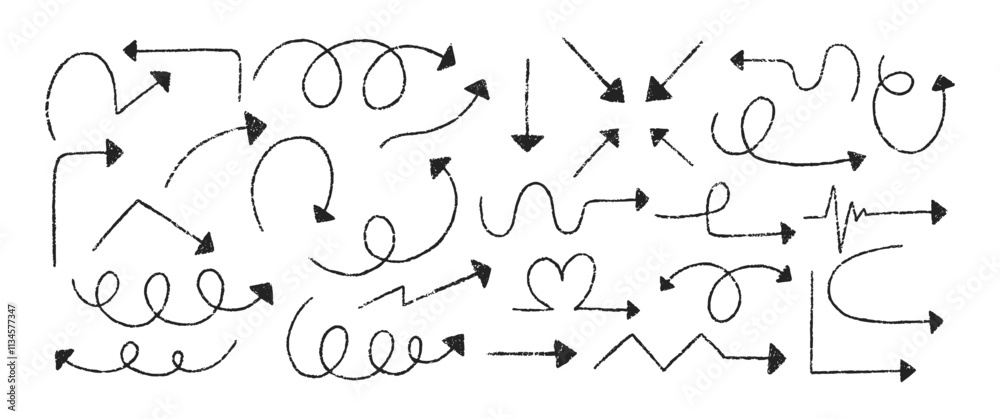 Set of rough, zigzag, circle and straight arrows with crayon, pastel and pencil texture. Doodle vector illustration on a white background.