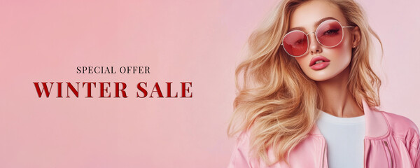 Wall Mural - winter sale header with blonde woman in goggles and pink jacket photo. fictional character created b