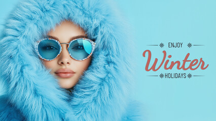 Wall Mural - enjoy winter holidays banner with beautiful woman in goggles and blue fur jacket. fictional characte