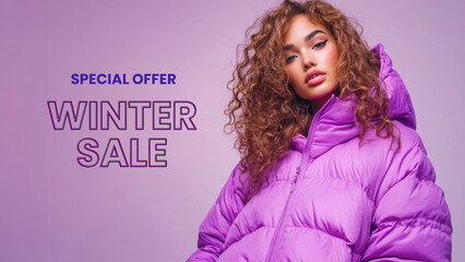 Wall Mural - winter sale banner with blonde woman in purple puffer jacket photo. fictional character created by g