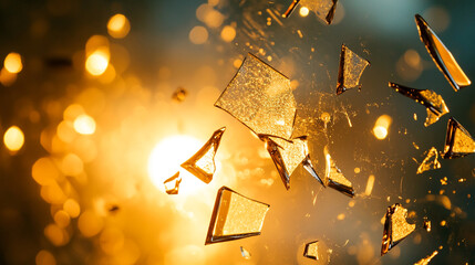 Aufkleber - Shattered glass fragments reflecting golden light in a dynamic and captivating display