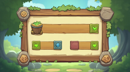 Poster - Game ui scrolls, stone boards and antique parchments cartoon menu interface, rocky textured planks, gui graphic design elements. User panel with settings, options or adventure isolated 2d vector set