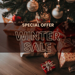 Wall Mural - winter sale post with gift boxes under xmas tree on wooden background.
