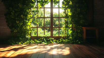 Aufkleber - Sunlight filters through an ivy-covered window in a tranquil indoor space surrounded by nature