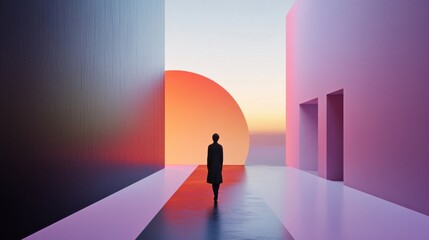 Poster - A visitor explores a digital gallery showcasing virtual artworks and avatars, illuminated by a vibrant sunset through architectural structures. Generative AI
