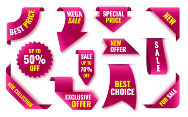 Mega sale deal red labels. Best choice new special price tag. Exclusive offer ribbon market promotional banner. Discount shop badge. Up to 50 percent off note sticker. Corner mark design element