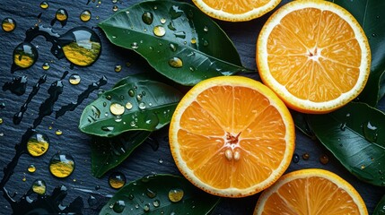 Wall Mural - Juicy orange slices with leaves and water drops on dark background.