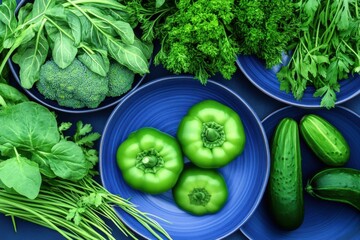 Wall Mural - Vibrant assortment of fresh green vegetables celebrating the farm-to-table concept in a rustic kitchen setting