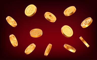 Wall Mural - 3d flying coins with the sign of bitcoin, korean won, chinese coin, pound sterling, dollar. stock ve